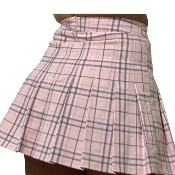 Preppy Pink Gray Plaid Pleated Skirt with Side Tie Coquette Small - Picture 9 of 9